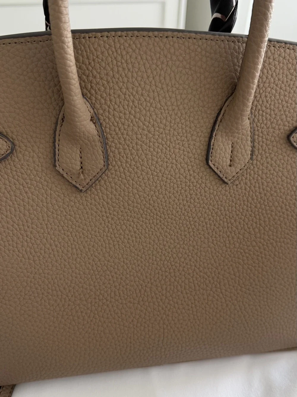 Structured Taupe Satchel with Gold Hardware and Scarf Accent